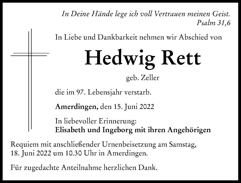  Traueranzeige für Hedwig Rett vom 15.06.2022 aus Rieser Nachrichten