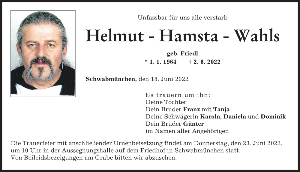 Traueranzeige von Helmut Wahls von Schwabmünchner Allgemeine