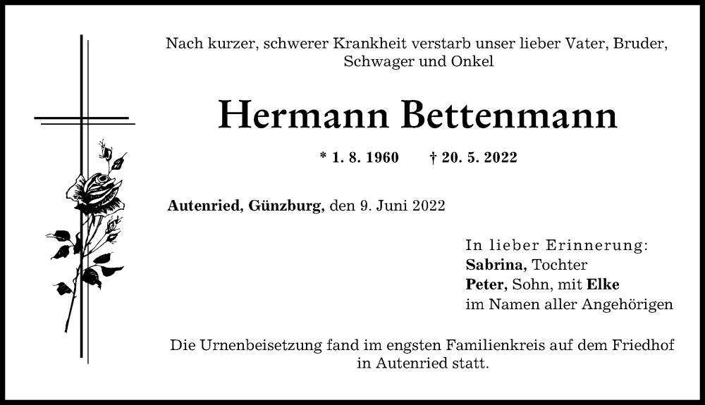  Traueranzeige für Hermann Bettenmann vom 09.06.2022 aus Günzburger Zeitung