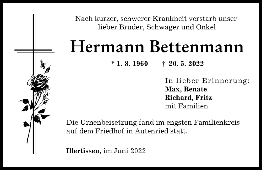  Traueranzeige für Hermann Bettenmann vom 14.06.2022 aus Illertisser Zeitung