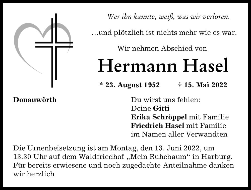 Traueranzeige von Hermann Hasel von Donauwörther Zeitung