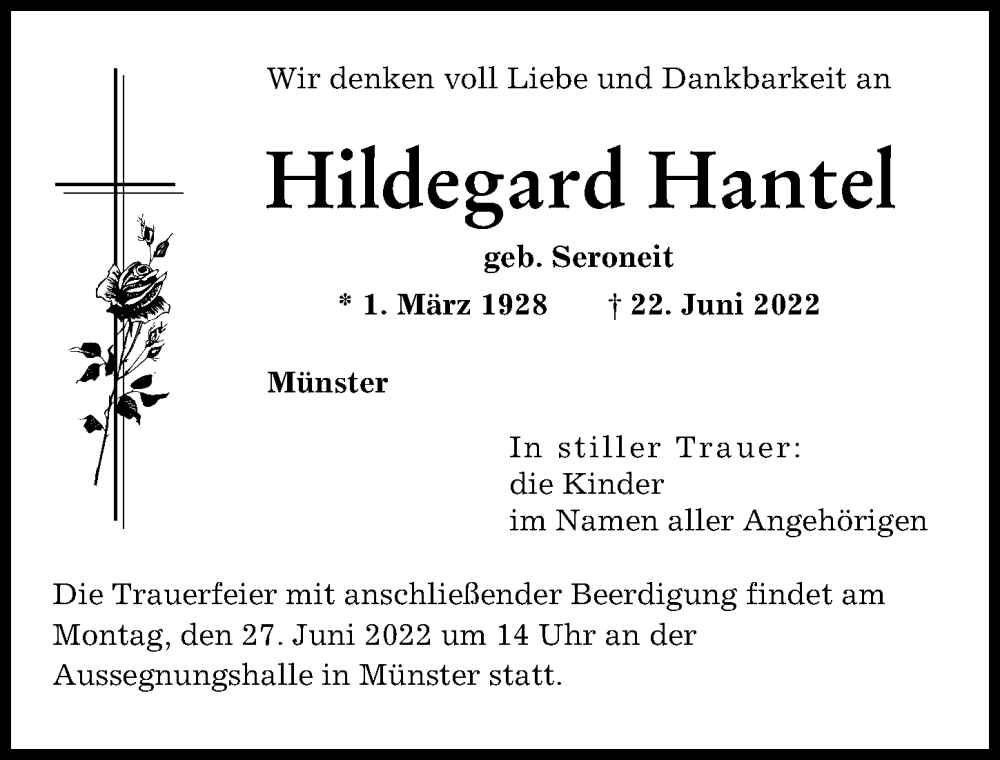  Traueranzeige für Hildegard Hantel vom 24.06.2022 aus Neuburger Rundschau