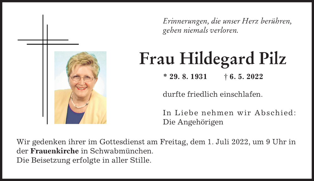 Traueranzeige von Hildegard Pilz von Schwabmünchner Allgemeine