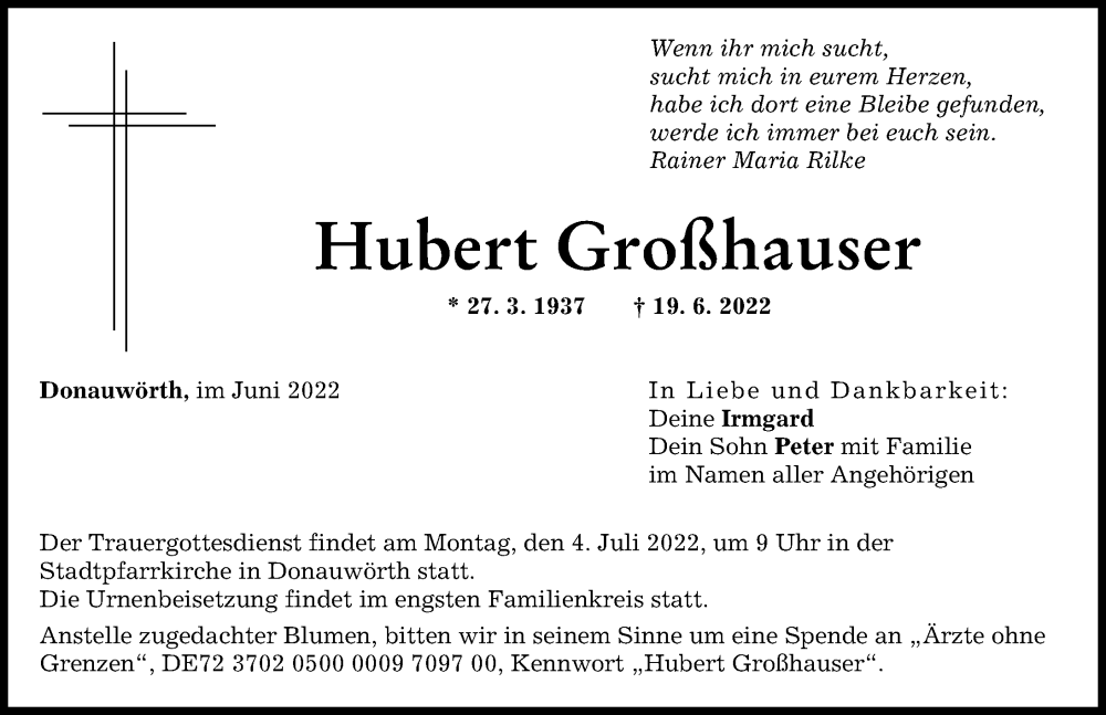 Traueranzeige von Hubert Großhauser von Donauwörther Zeitung