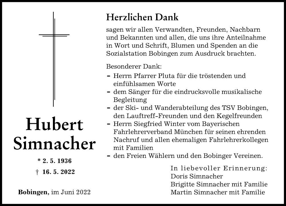 Traueranzeige von Hubert Simnacher von Schwabmünchner Allgemeine, Augsburger Allgemeine
