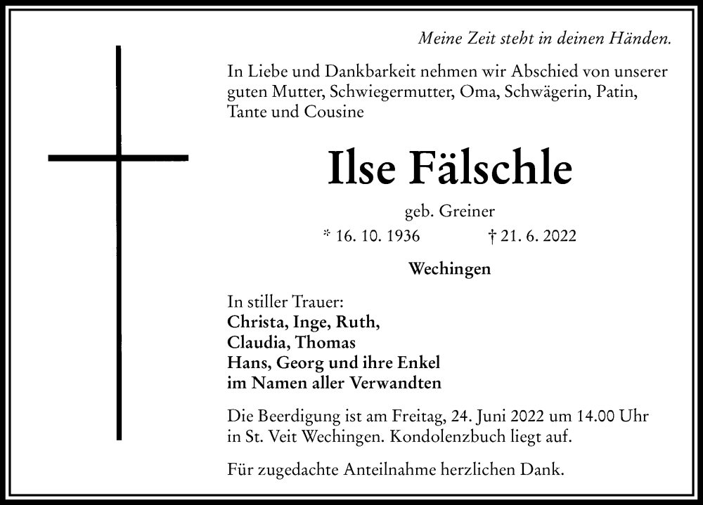  Traueranzeige für Ilse Fälschle vom 23.06.2022 aus Rieser Nachrichten