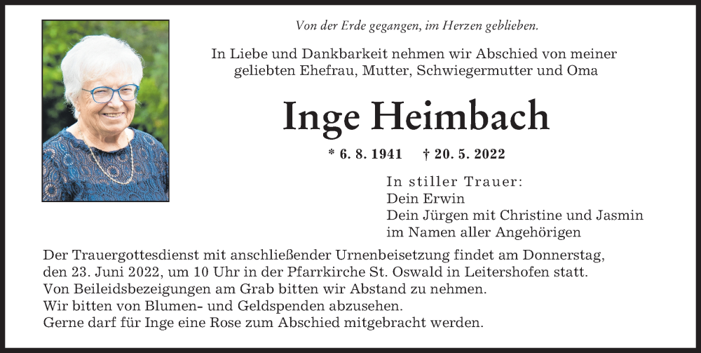 Traueranzeige von Inge Heimbach von Augsburger Allgemeine