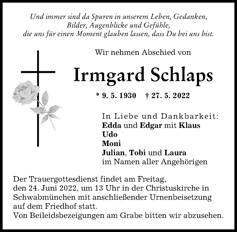 Traueranzeige von Irmgard Schlaps von Schwabmünchner Allgemeine