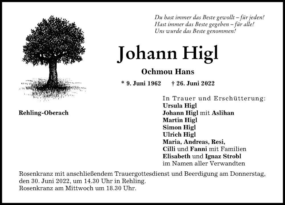 Traueranzeige für Johann Higl vom 28.06.2022 aus Aichacher Nachrichten