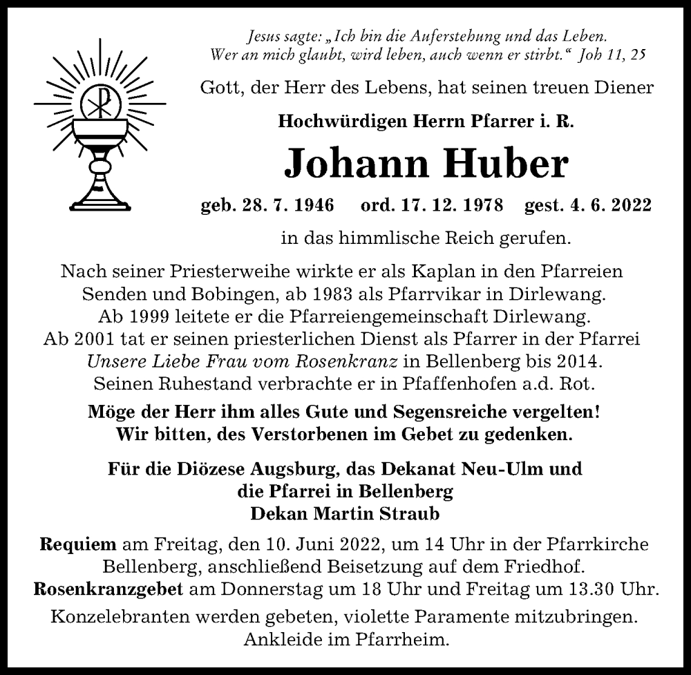  Traueranzeige für Johann Huber vom 08.06.2022 aus Augsburger Allgemeine