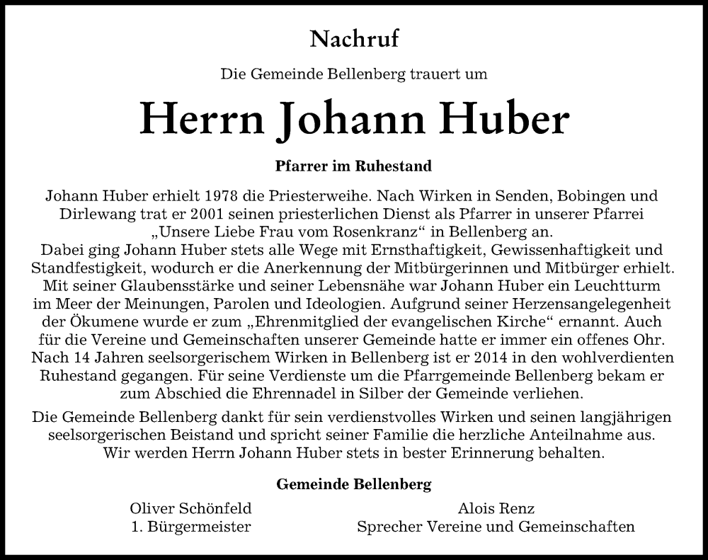  Traueranzeige für Johann Huber vom 10.06.2022 aus Illertisser Zeitung