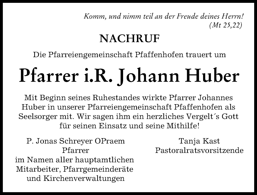  Traueranzeige für Johann Huber vom 10.06.2022 aus Neu-Ulmer Zeitung, Illertisser Zeitung