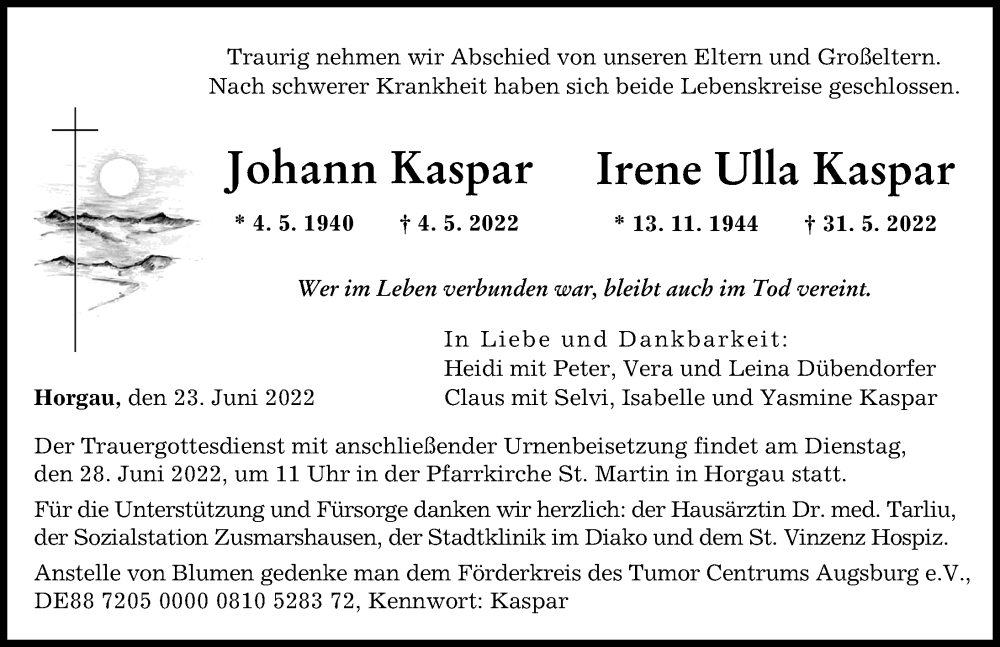  Traueranzeige für Johann Kaspar vom 23.06.2022 aus Augsburger Allgemeine