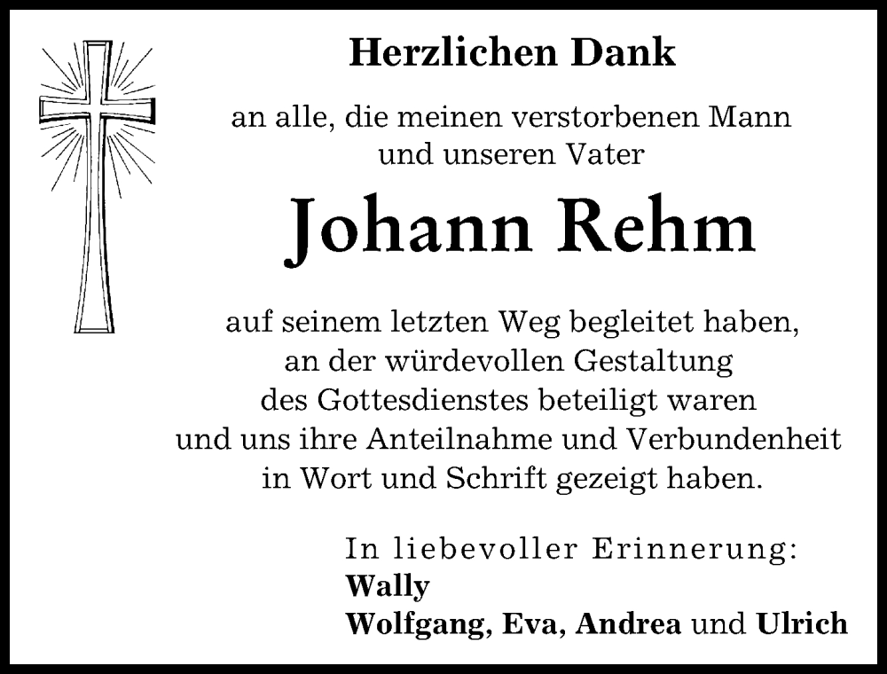 Traueranzeige von Johann Rehm von Landsberger Tagblatt