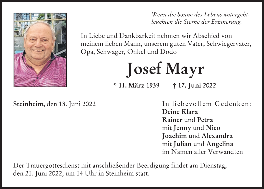 Traueranzeigen Von Josef Mayr Augsburger Allgemeine Zeitung