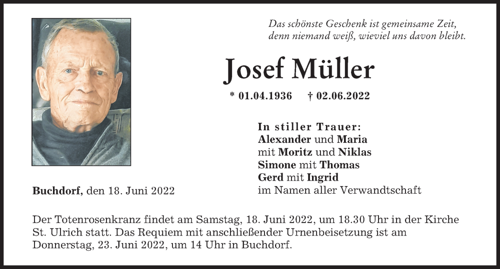  Traueranzeige für Josef Müller vom 18.06.2022 aus Donauwörther Zeitung