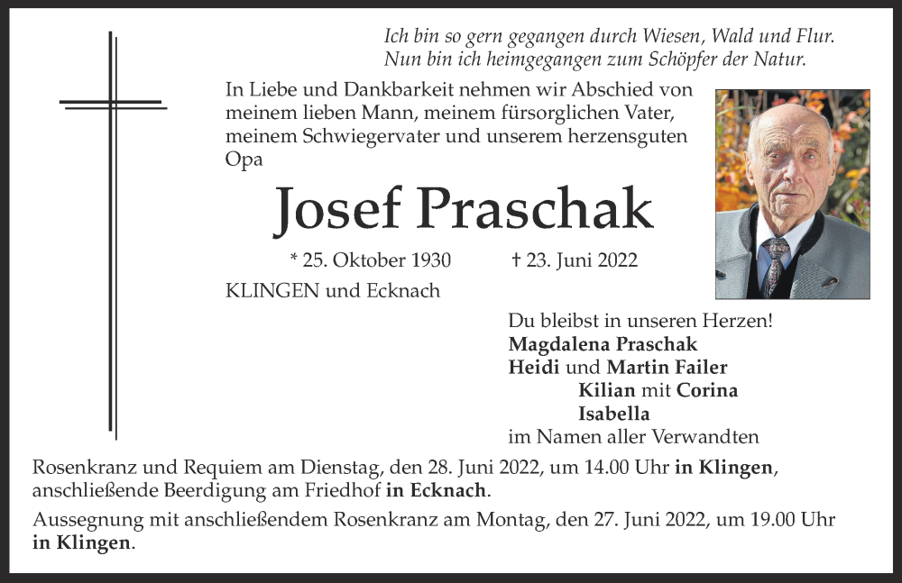  Traueranzeige für Josef Praschak vom 25.06.2022 aus Aichacher Nachrichten