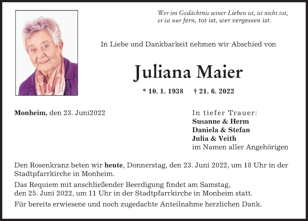 Traueranzeige für Juliana Maier vom 23.06.2022 aus Donauwörther Zeitung