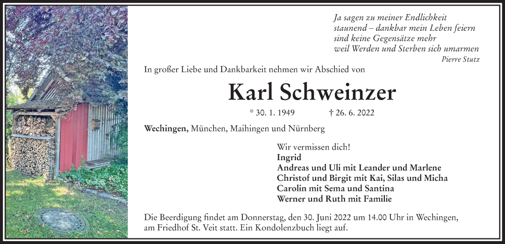 Traueranzeige für Karl Schweinzer vom 28.06.2022 aus Rieser Nachrichten