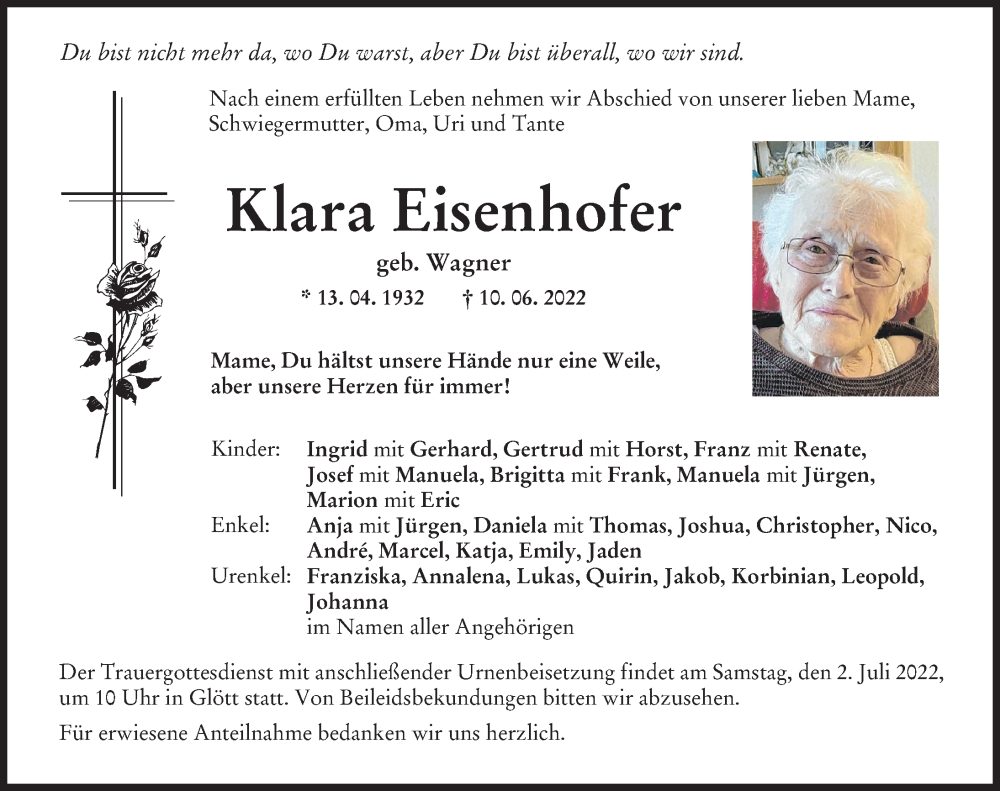  Traueranzeige für Klara Eisenhofer vom 30.06.2022 aus Donau Zeitung