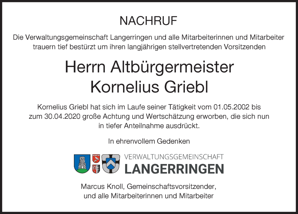  Traueranzeige für Kornelius Griebl vom 28.06.2022 aus Schwabmünchner Allgemeine