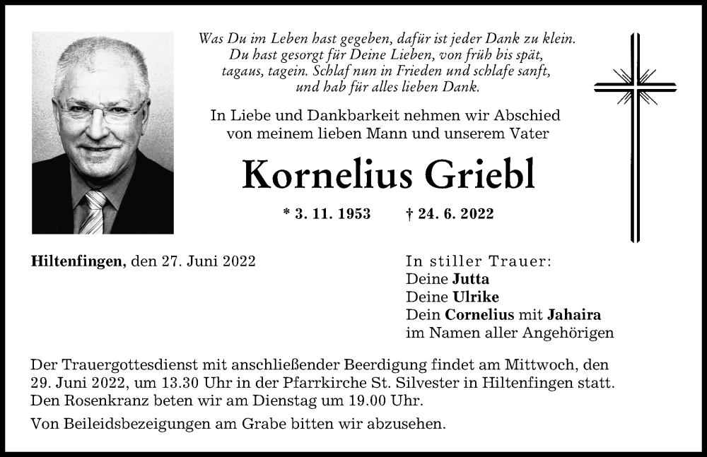  Traueranzeige für Kornelius Griebl vom 27.06.2022 aus Schwabmünchner Allgemeine