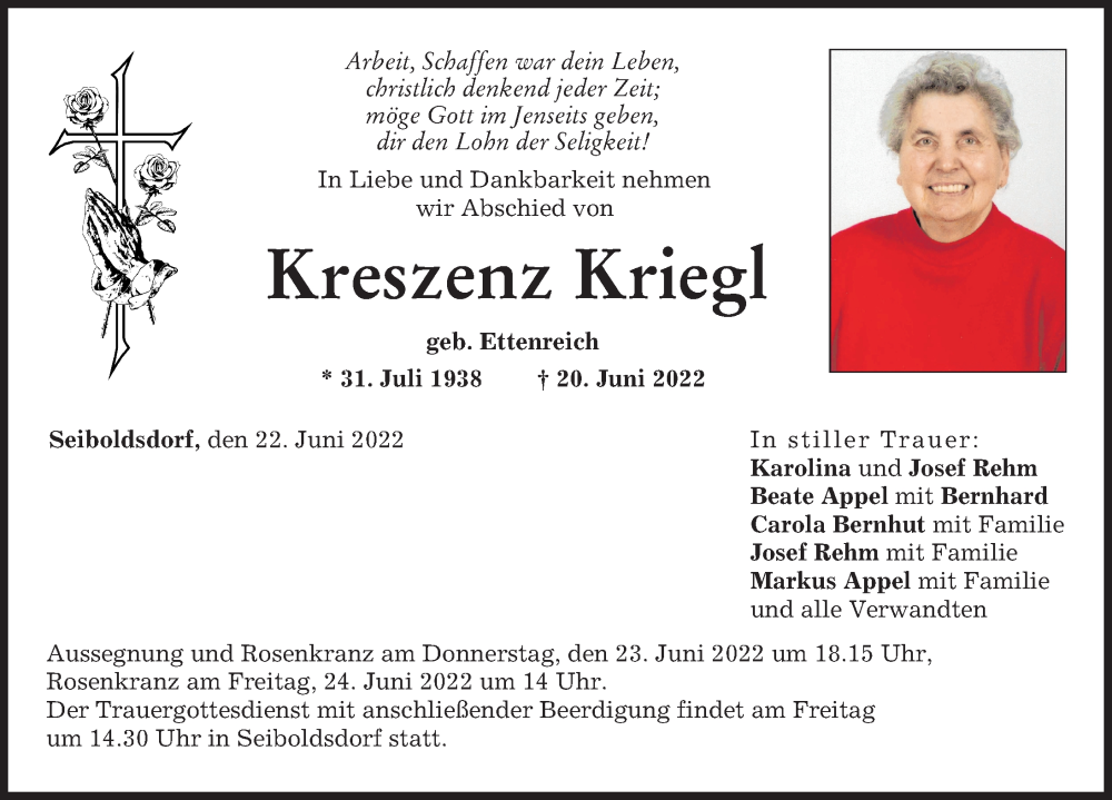  Traueranzeige für Kreszenz Krieg vom 22.06.2022 aus Neuburger Rundschau