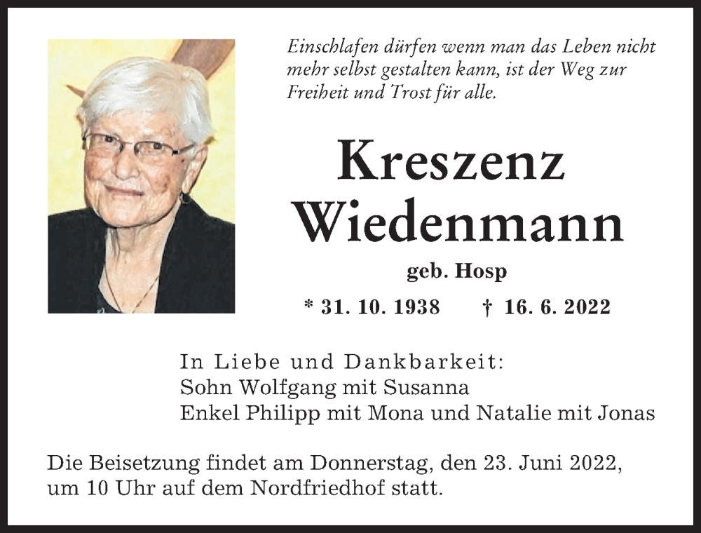  Traueranzeige für Kreszenz Wiedenmann vom 21.06.2022 aus Augsburger Allgemeine