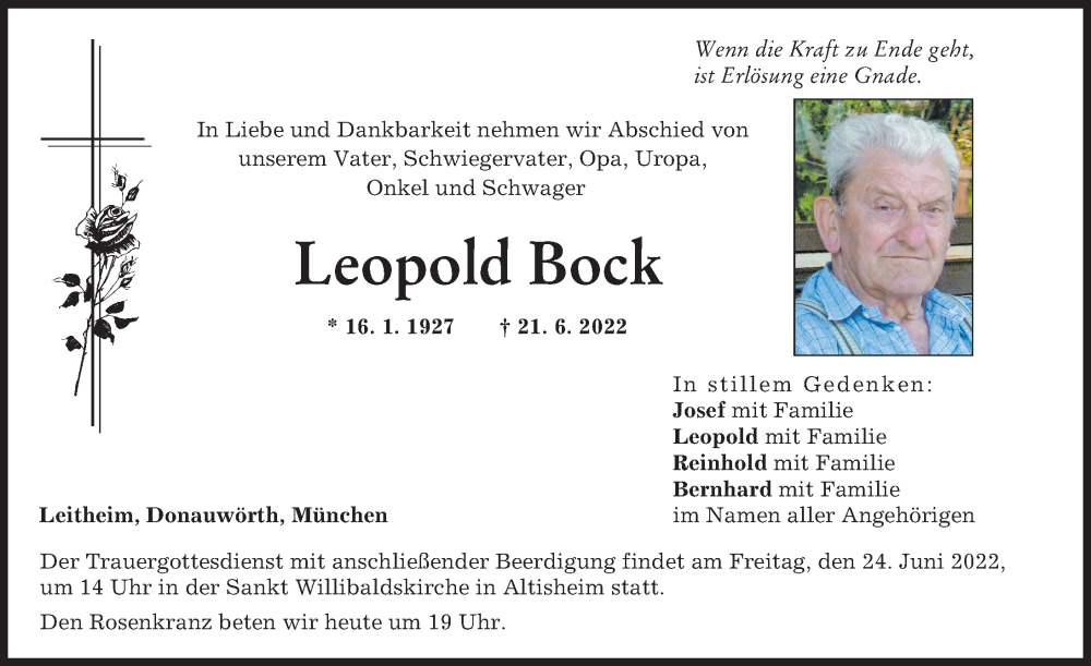  Traueranzeige für Leopold Bock vom 23.06.2022 aus Donauwörther Zeitung