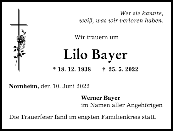 Traueranzeige von Lilo Bayer von Günzburger Zeitung