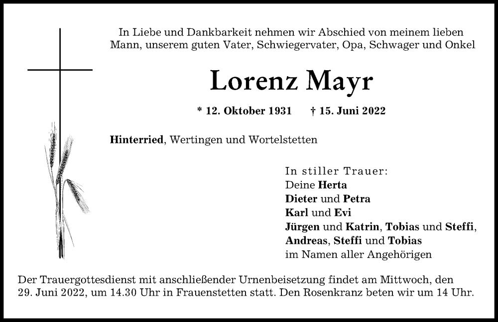 Traueranzeige von Lorenz Mayr von Wertinger Zeitung