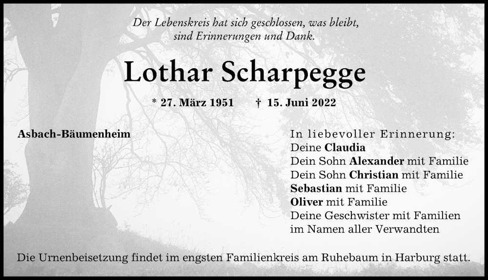  Traueranzeige für Lothar Scharpegge vom 18.06.2022 aus Donauwörther Zeitung