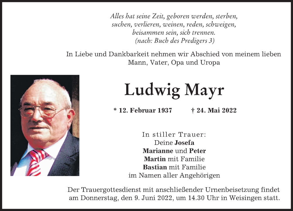 Traueranzeige von Ludwig Mayr von Donau Zeitung