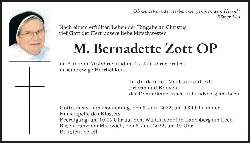 Traueranzeige von M. Bernadette Zott von Landsberger Tagblatt