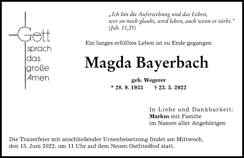 Traueranzeige von Magda Bayerbach von Augsburger Allgemeine