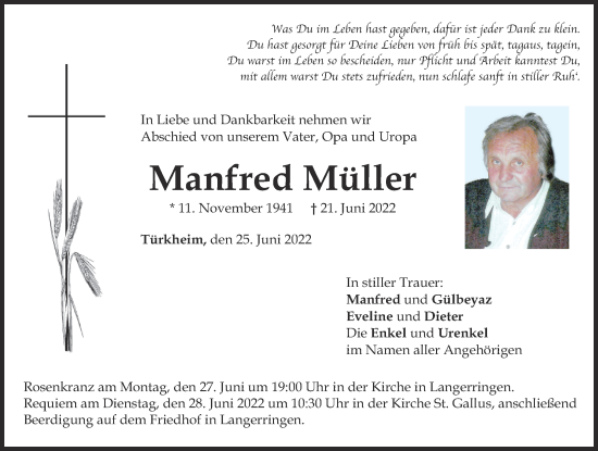 Traueranzeige von Manfred Müller von Schwabmünchner Allgemeine, Mindelheimer Zeitung