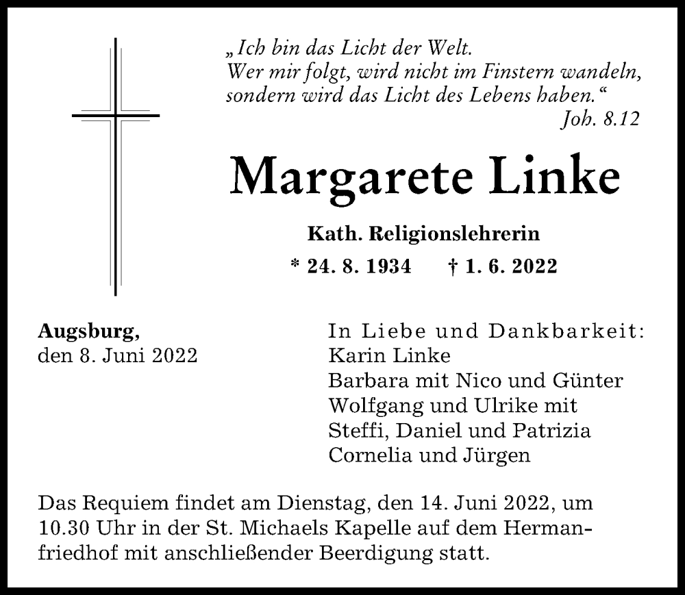  Traueranzeige für Margarete Linke vom 08.06.2022 aus Augsburger Allgemeine