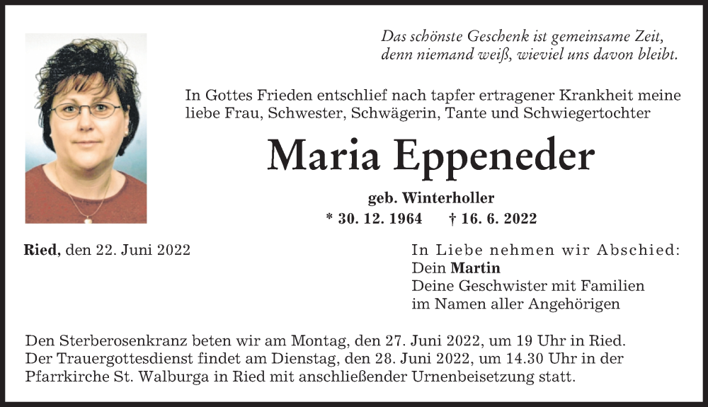  Traueranzeige für Maria Eppeneder vom 22.06.2022 aus Friedberger Allgemeine