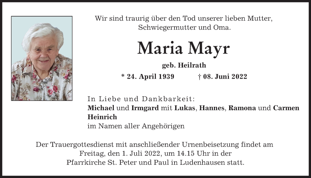 Traueranzeige von Maria Mayr von Landsberger Tagblatt