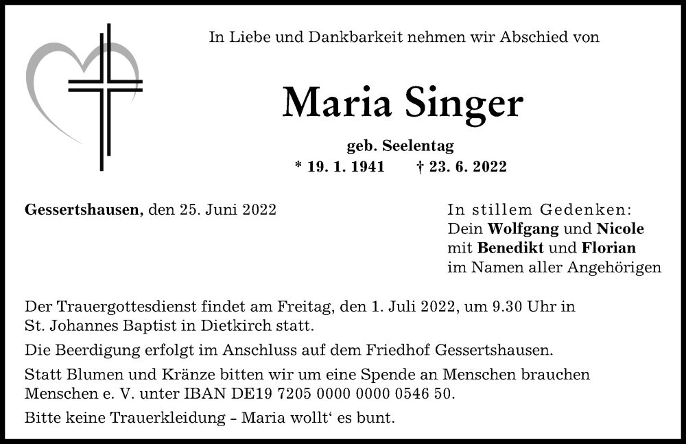  Traueranzeige für Maria Singer vom 25.06.2022 aus Augsburg-Land