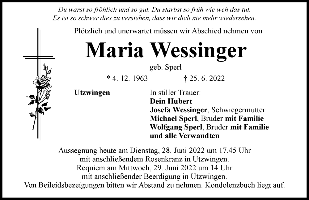  Traueranzeige für Maria Wessinger vom 28.06.2022 aus Rieser Nachrichten