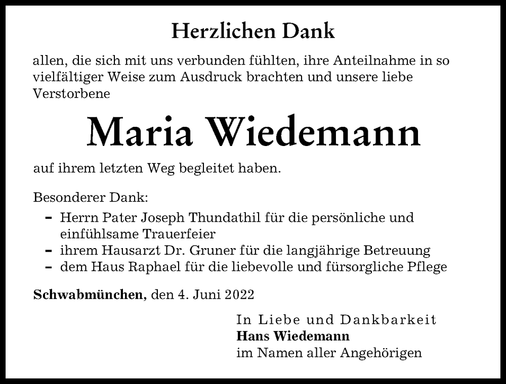 Traueranzeige von Maria Wiedemann von Schwabmünchner Allgemeine