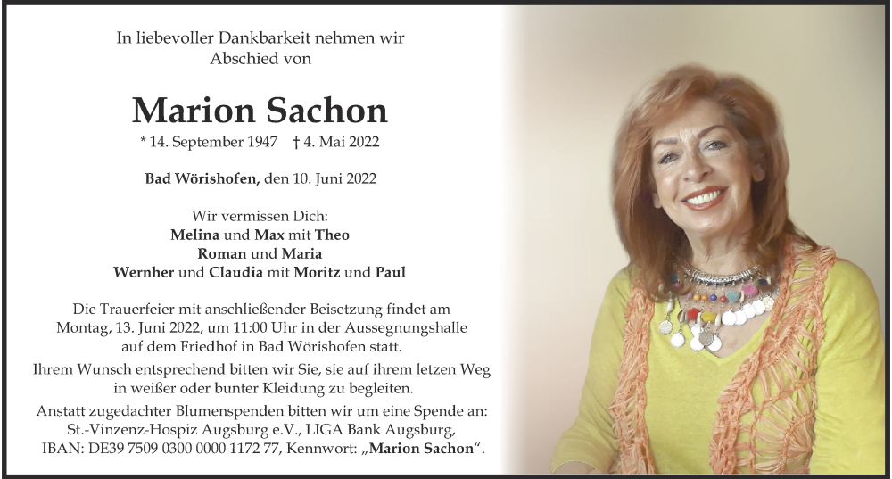  Traueranzeige für Marion Sachon vom 10.06.2022 aus Mindelheimer Zeitung