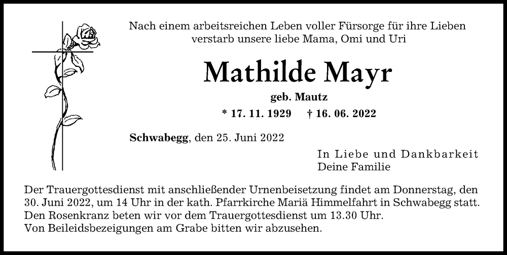 Traueranzeige von Mathilde Mayr von Schwabmünchner Allgemeine