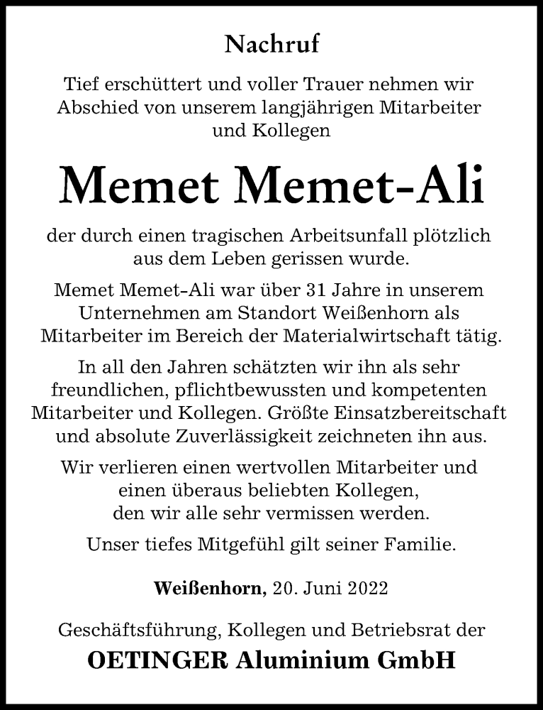 Traueranzeige von Memet Memet-Ali von Neu-Ulmer Zeitung