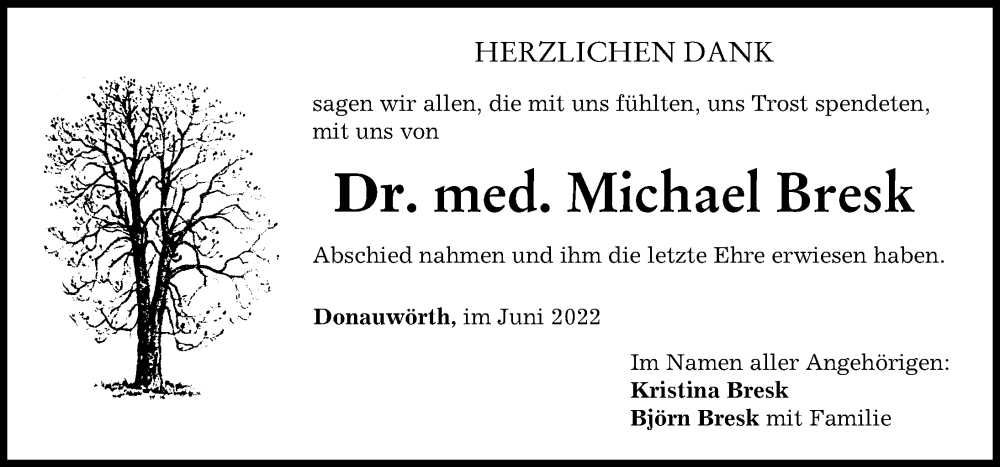 Traueranzeige von Michael Bresk von Donauwörther Zeitung