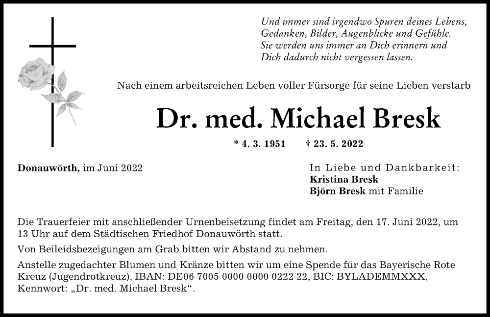 Traueranzeige von Michael Bresk von Donauwörther Zeitung