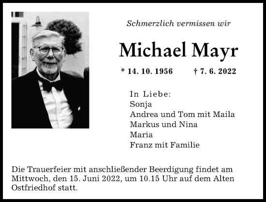 Traueranzeigen Von Michael Mayr Augsburger Allgemeine Zeitung