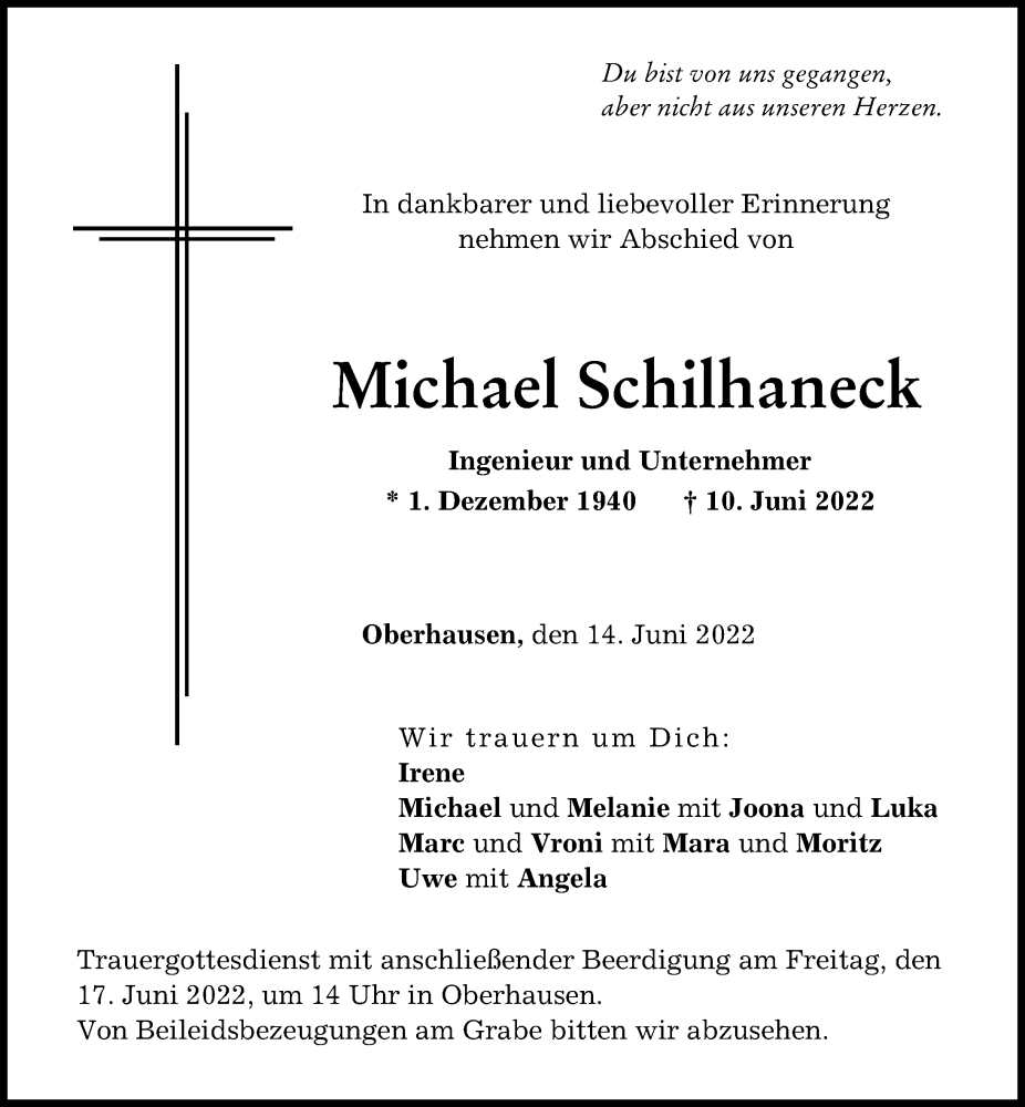  Traueranzeige für Michael Schilhaneck vom 14.06.2022 aus Neuburger Rundschau