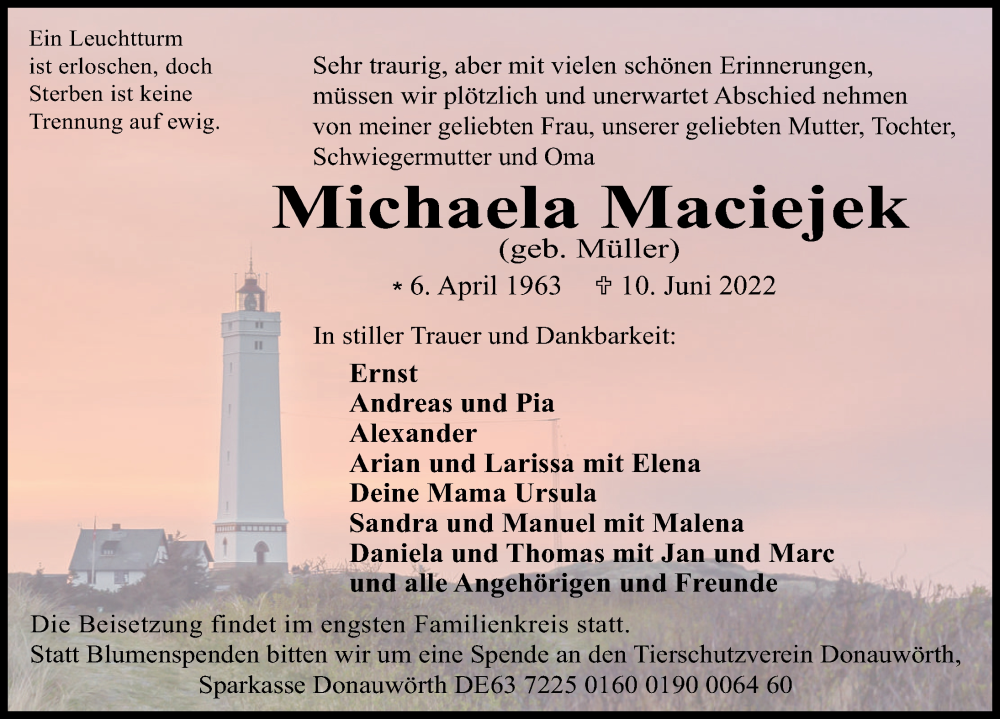  Traueranzeige für Michaela Maciejek vom 18.06.2022 aus Neuburger Rundschau